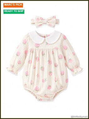 Baby Girl Bubble Romper with Peter Pan Collar - Snappable Long Sleeve One Piece